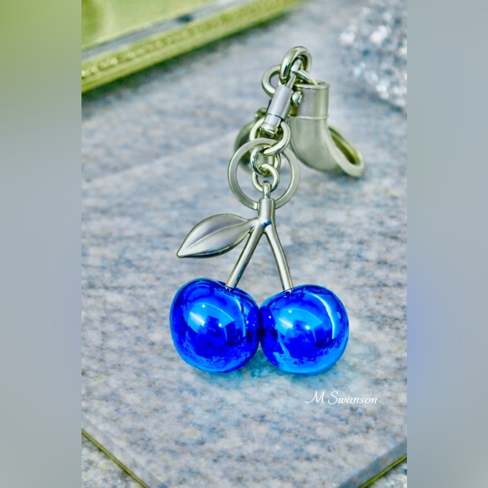 Royal Blue Metallic Cherry Bag Charm Keychain Silver Tone Hardware NWT
